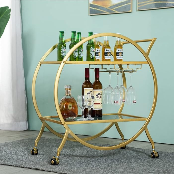 Round Gold Bar Cart 2 Mirrored Shelves Bar Serving Cart with Wheels and Glass Holder, Mobile Wine... | Amazon (US)