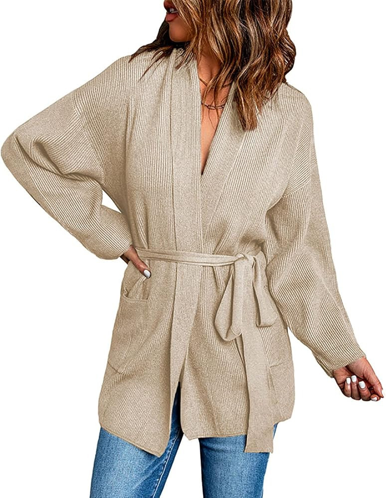 Women's Lapel Open Front Cardigan Long Sleeve Tie Waist Loose Boyfriend Knitted Sweater Outerwear... | Amazon (US)