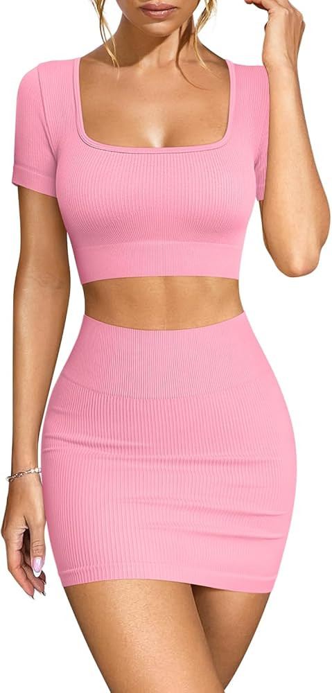 OQQ Women's 2 Piece Outfits Short Sleeve Tops and Mini Skirts Club Suit Sets | Amazon (US)