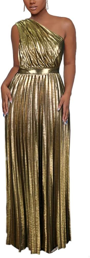 AOMEI Women's Luxury Metallic One Shoulder Sleeveless Elegant Pleated Long Dress | Amazon (US)