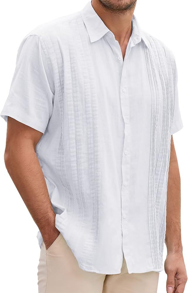 TURETRENDY Men's Cotton Linen Shirts Relaxed Fit Short Sleeve Beach Button Down Shirt Button Up P... | Amazon (US)