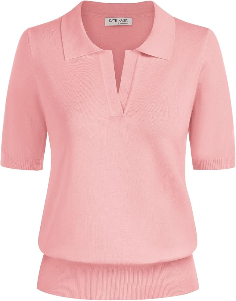 Kate Kasin Women Short Sleeve Polo Sweater V Neck Knitted Tops Casual Ribbed Shirt Loose Pullover... | Amazon (US)