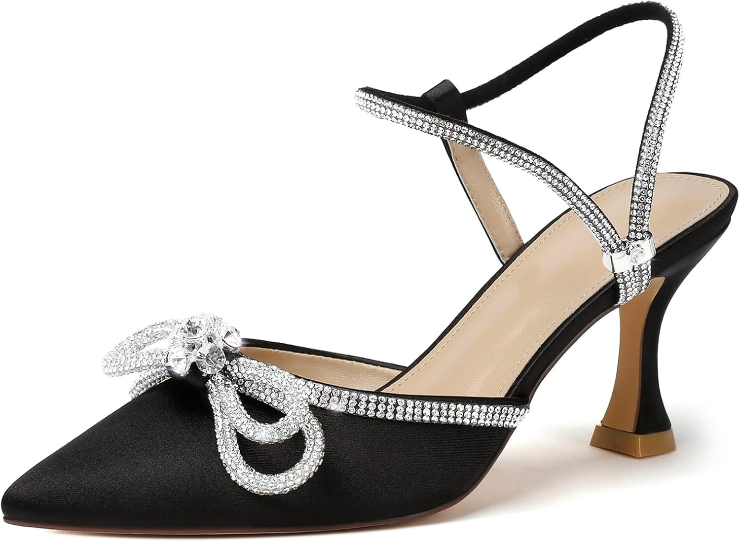 Susanny Women's Closed Toe Rhinstone Wedding Low Heel Slingback Clear Kitten Heels,Adjustable Strap Pointed Toe Bow Pumps High Heeled Prom Dress Shoes | Amazon (US)