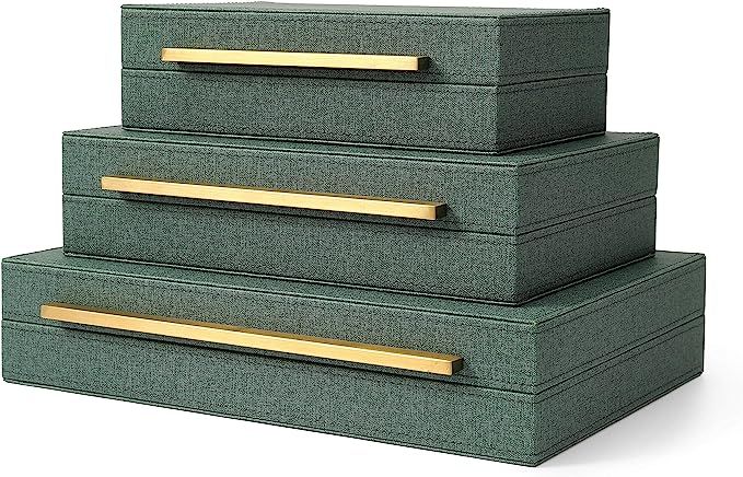 Kingflux Faux Leather Set of 3 Pcs Decorative Boxes , Storage Boxes Linen Fabric Texture For Jewe... | Amazon (US)