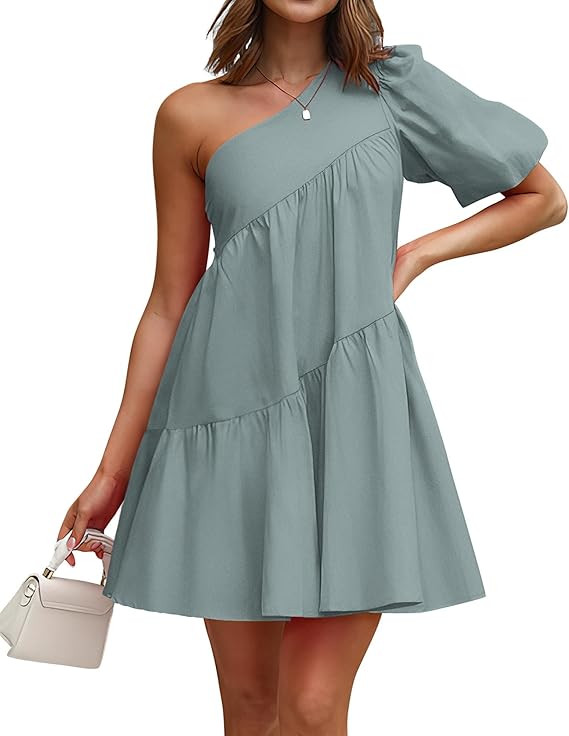 KIRUNDO Summer One Shoulder Mini Baby Doll Dresses Women 2025 Casual Puff Sleeve Loose Tiered A L... | Amazon (US)