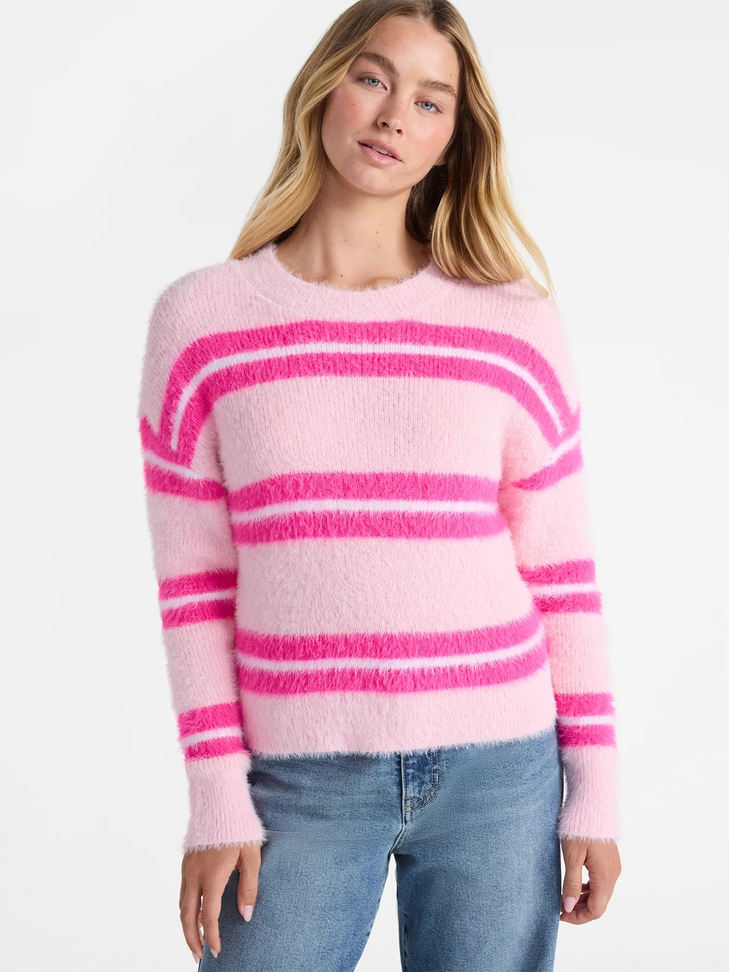 No Boundaries Striped Feather Sweater, Women's & Women's Plus | Walmart (US)