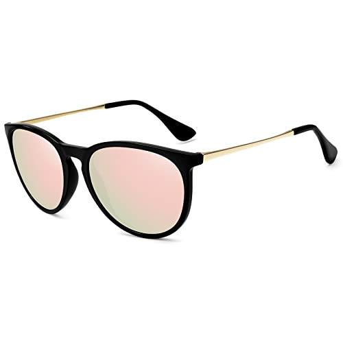 WOWSUN Polarized Sunglasses for Women Vintage Round Mirrored Lens (Black frame pink mirrored lens) | Amazon (US)