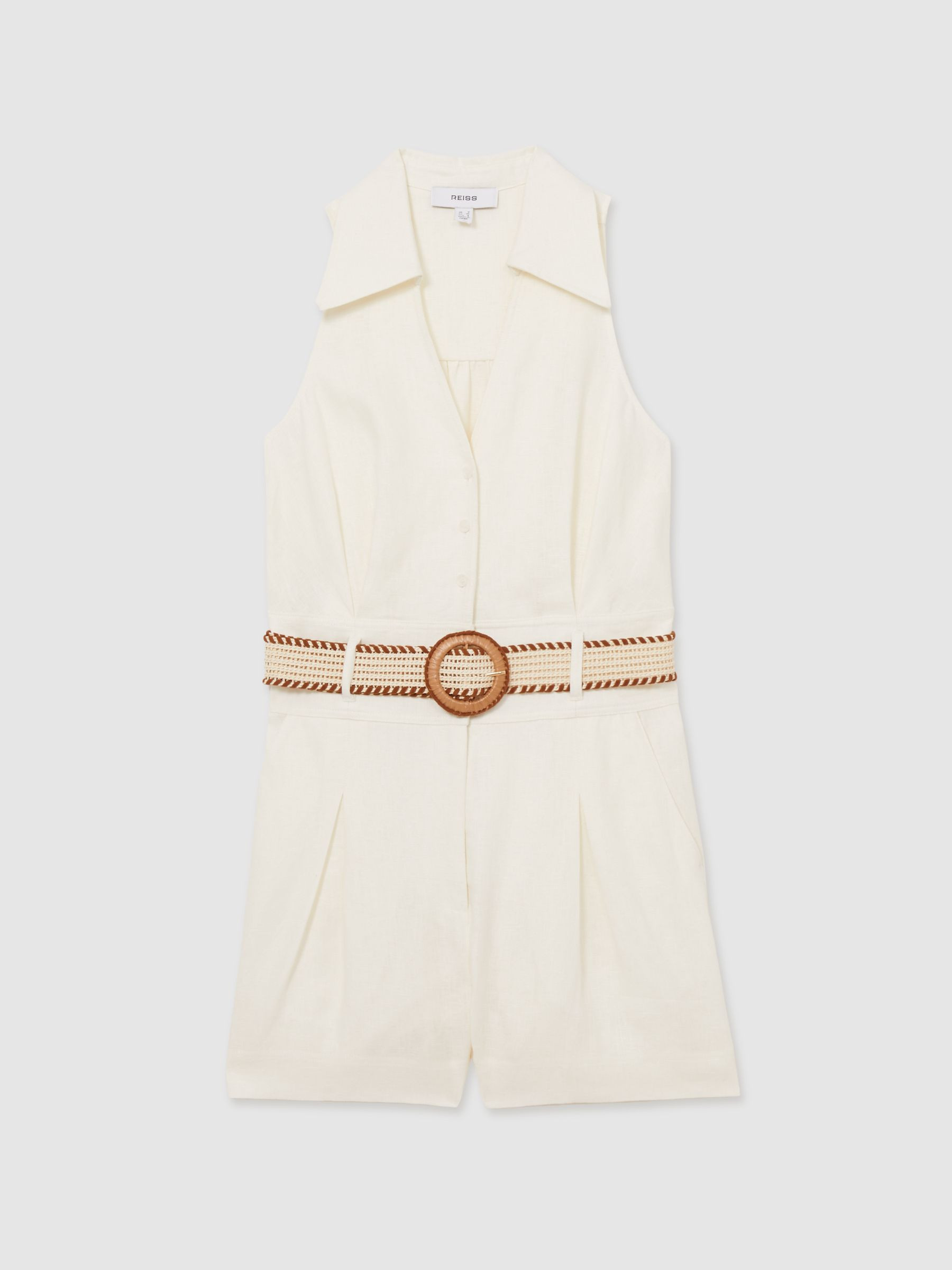 Linen Belted Collar Playsuit in Cream | Reiss UK