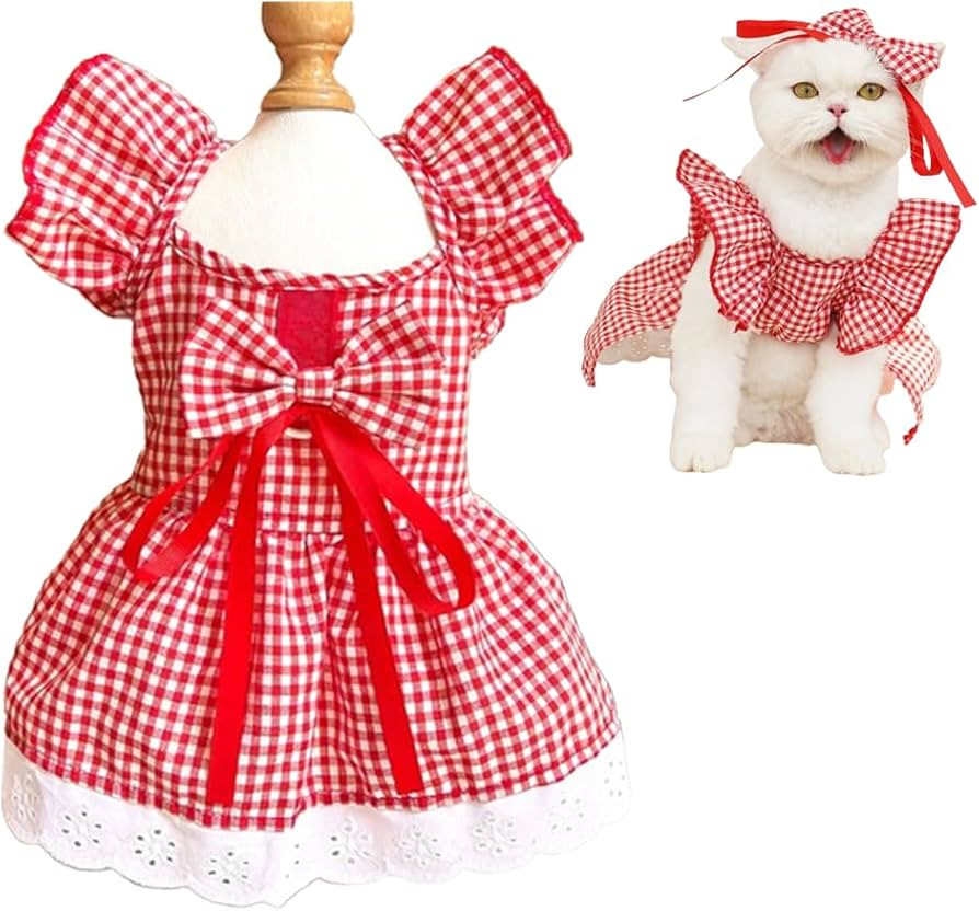 ANIAC Plaid Dog Dress with Leash Ring Girl Dog Clothes for Small Dog Bow Decor Red Cat Dress for ... | Amazon (US)