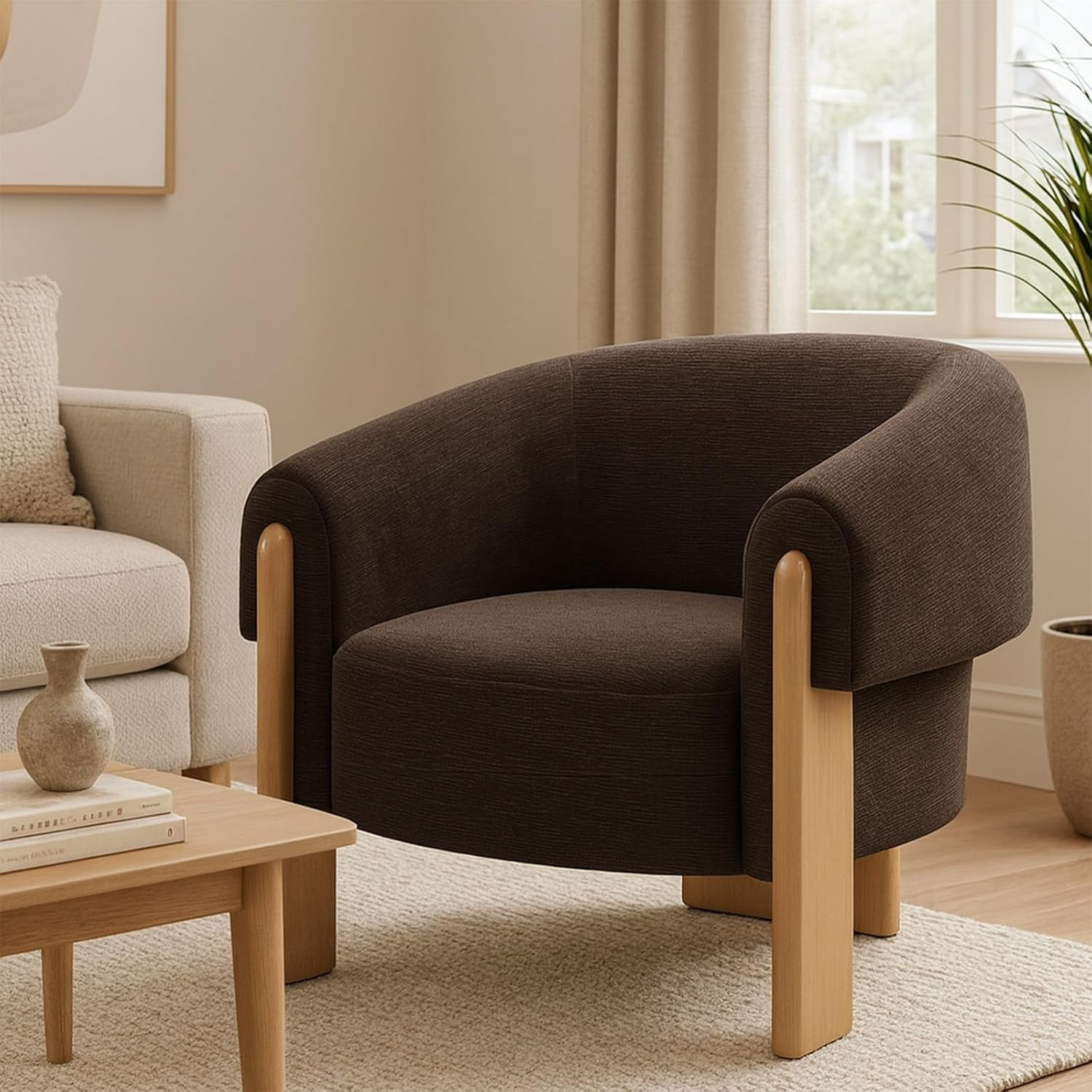 CHERS Mid-Century Modern Accent Chair, Upholstered Vintage Living Room Chairs with Wood Legs, Lux... | Amazon (US)