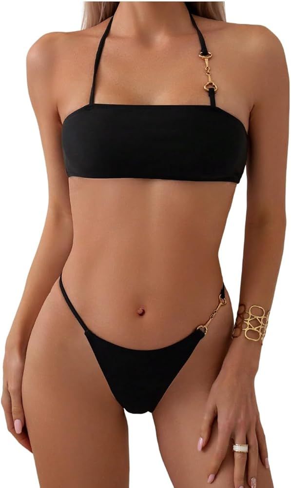 GORGLITTER Women's String Thong Bikini Set High Cut Halter Square Neck Chain Linked Swimsuit Bath... | Amazon (US)