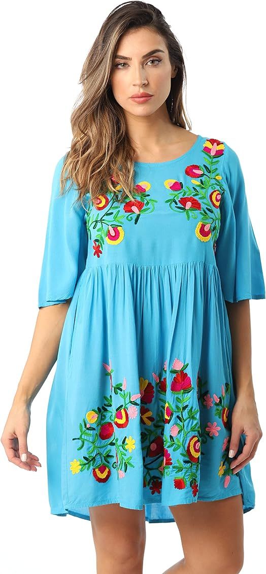 Riviera Sun Rayon Crepe Short Dress with Multicolored Embroidery | Amazon (US)