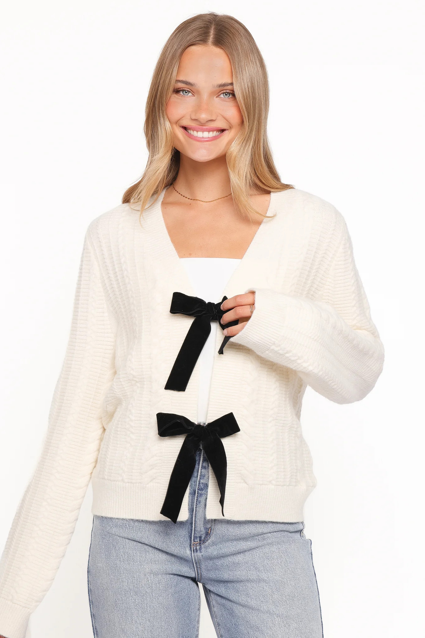 Bree Velvet Bow Cardigan - Cream | Petal & Pup (US)