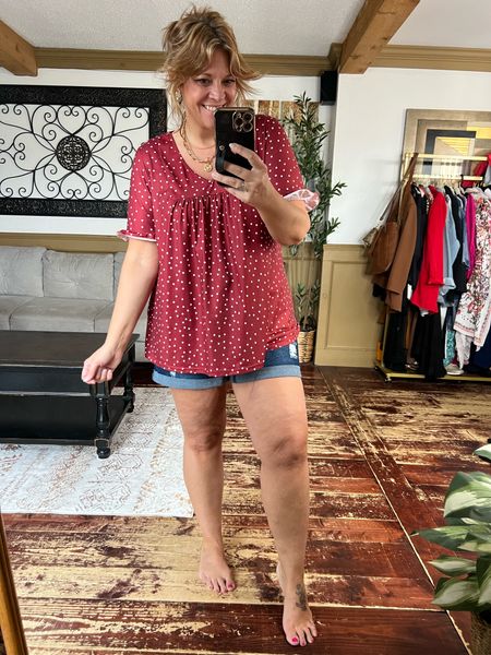 Mid /plus size summer outfit- size 12 flowy stretchy tee and elastic waist shorts size 16- use code Nicoles15 

#LTKplussize #LTKfindsunder50 #LTKover40