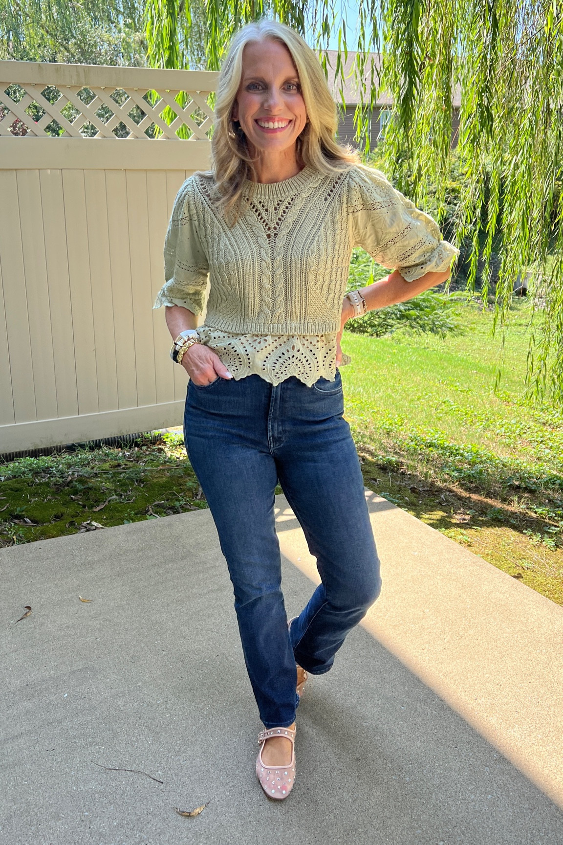 Beautiful mixed media sweater. Works great with high waist jeans. 
Wearing XS 
Wearing 27 in the Mother jeans 

#LTKOver40 #LTKStyleTip