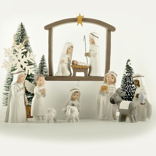 PlentifulHome 12-Piece Resin Christmas Nativity Scene Set – Miniature Holy Family Figurines with Manger and Animals, Indoor Holiday Tabletop Display | Amazon (US)