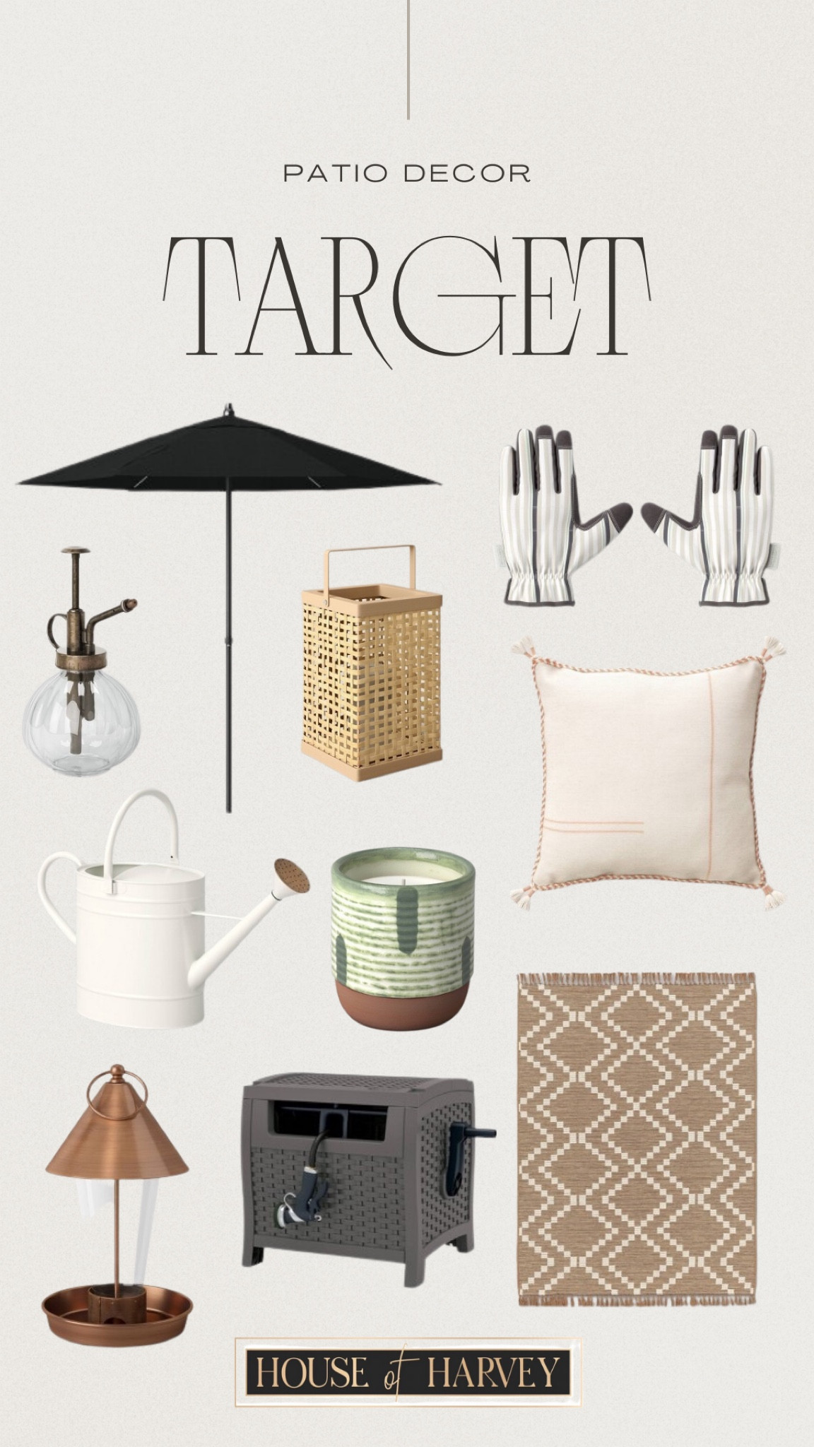 TARGET: patio decor! 

Patio decor, outdoor, style tip, umbrella, candle, vase, watering can, outdoor rug, pillow, gloves 

#LTKSeasonal #LTKhome #LTKstyletip