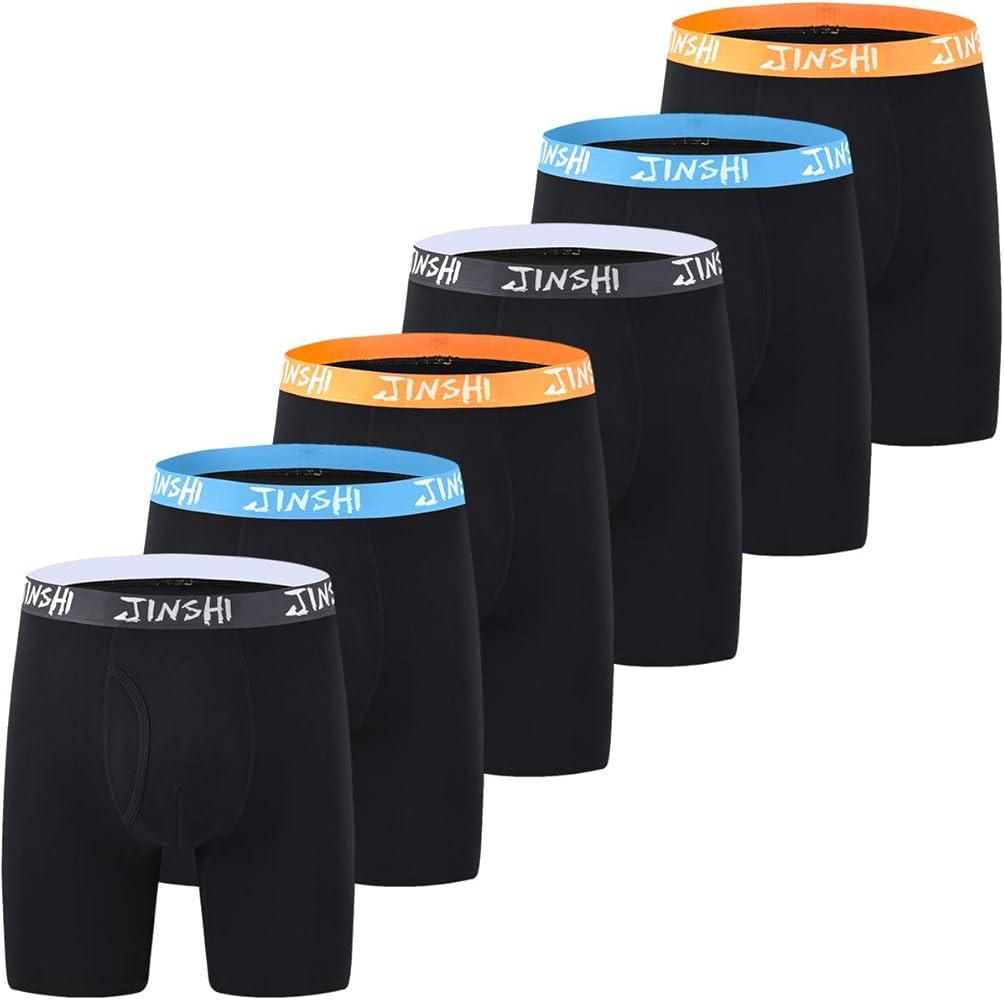 JINSHI Men's Bamboo Boxer Briefs Long Leg Comfortable Underwear Classic Black Boxers 6Pack | Amazon (US)