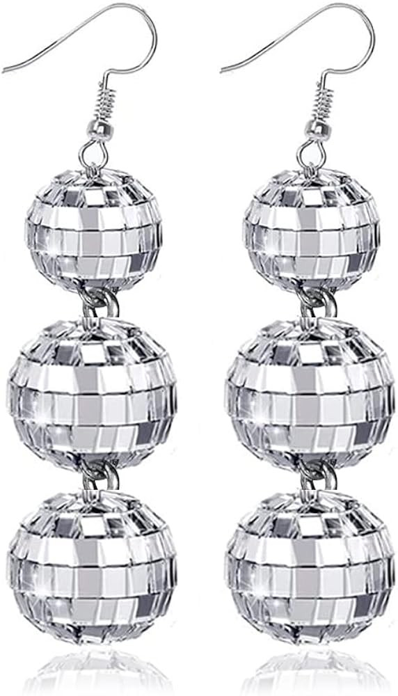 60'S 70'S Silver Mirror Disco Ball Drop Dangle Earrings Hook Chain Cool Punk for Women Girls Clas... | Amazon (US)
