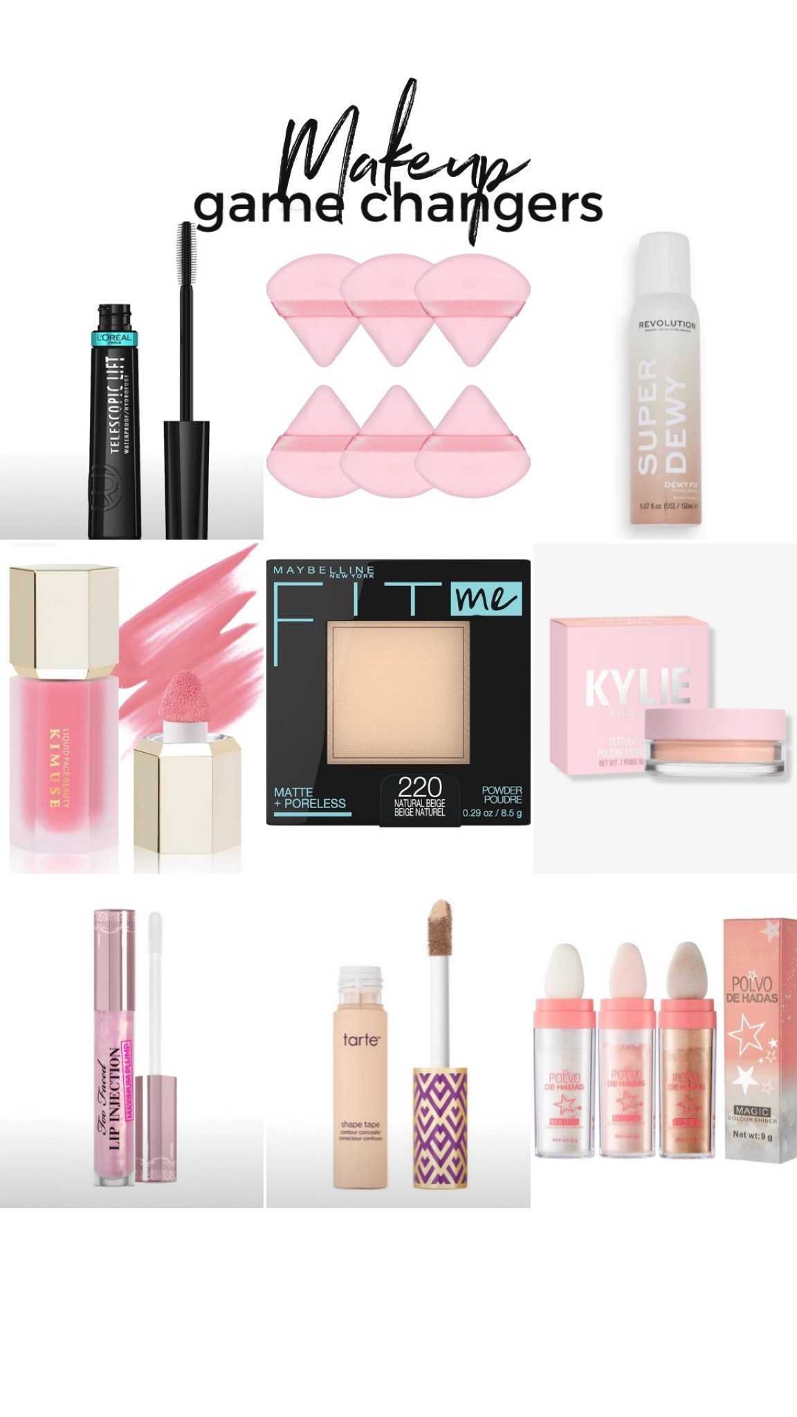 Makeup game changers!!! I use these in my makeup routine DAILY and they have totally transformed my glam looks. Fit me powder gives a flawless, poreless complexion, telescopic mascara truly lengthens lashes and gives a lash extension affect, super dewy is the best setting spray HANDS DOWN, Kylie pink setting powder is the move. Period. Always a tape shape lover—tried and true🤌🏼 Affordable makeup products are the way to go! 

#LTKunder50 #LTKbeauty