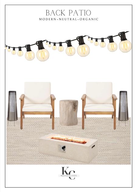 Back patio design. Modern, neutral, & organic. 





Back patio string bulb lights, outdoor neutral rug, outdoor neutral chairs, outdoor solar modern lights, neutral large outdoor fire pit, organic neutral wood outdoor side table, modern outdoor furnituree

#LTKhome