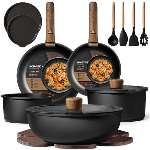 CAROTE 21pcs Pots and Pans Set Non Stick, Detachable Handle Cookware, Black | Amazon (US)