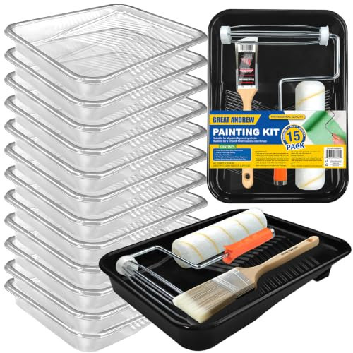 Great Andrew 9 Inch Paint Tray Set, 16-Pack, Plastic Paint Tray with 12 Textured Tray Liners, Paint Brush, Paint Roller and Wire Roller Frame for Painting Walls, Ceilings, Trim, Siding | Amazon (US)