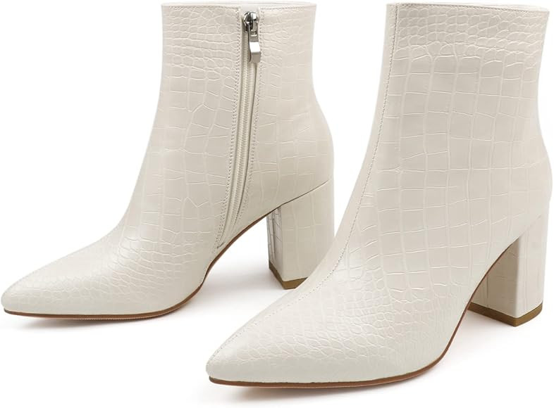 JOY IN LOVE Women's Ankle Boots Chunky Block Heel Pointed Toe Zipper Boots | Amazon (US)