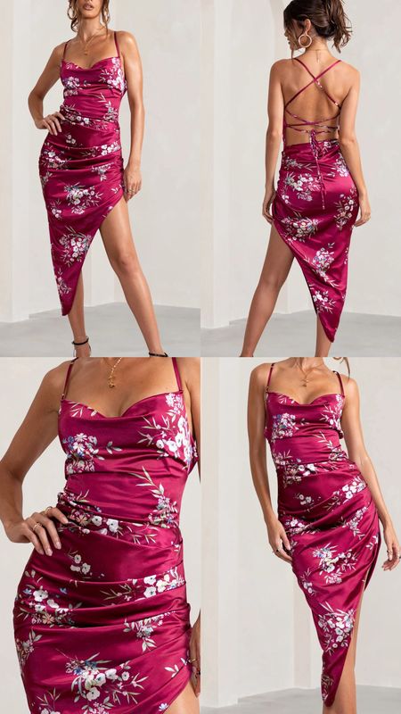 Floral satin dress. Berry satin asymmetric hem midi dress. 
Summer, spring, date night out, brunch outfit, wedding, baby shower, special occasion. Under £50. Affordable fashion.  Wardrobe staple. Timeless. Gift guide idea for her. Luxury, elegant, clean aesthetic, chic look, feminine fashion, trendy look.
Club L London outfit idea.

#LTKSeasonal #LTKwedding #LTKU