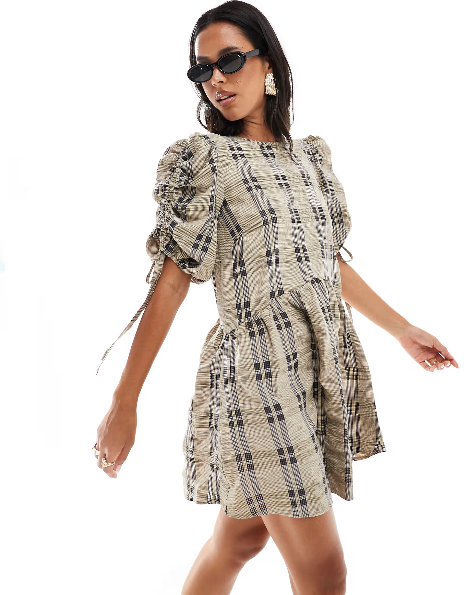ASOS DESIGN ruched sleeve smock mini dress in plaid print | ASOS | ASOS (Global)