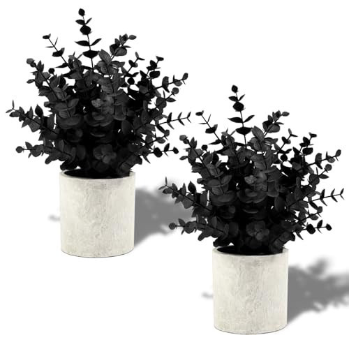 2 Pack Black Fake Eucalyptus Small Fake Plants Potted Artificial Plants for Halloween Decorations Shelf Desk Home Farmhouse Room Coffee Table Bathroom Decor(Black) | Amazon (US)