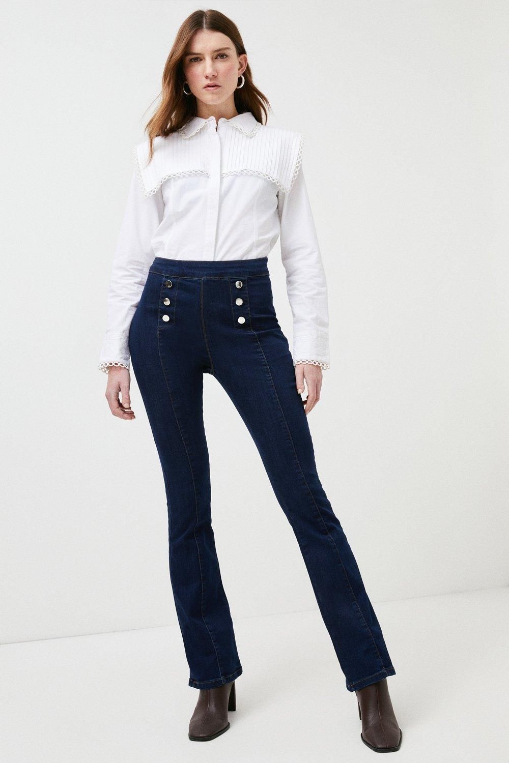 Petite Button Front Seam Kickflare Jeans | Karen Millen UK & IE