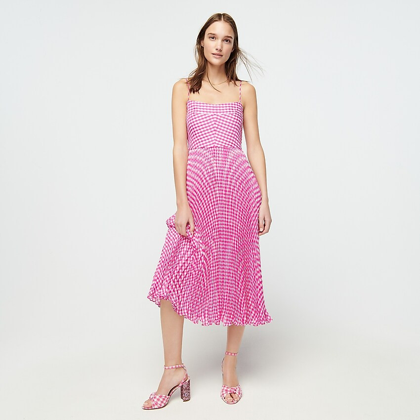 Pleated midi dress in crinkle gingham print | J. Crew US