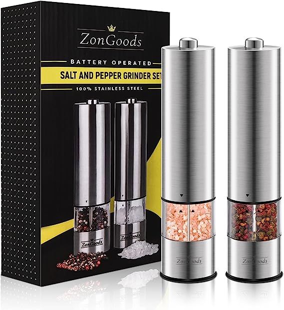 ZonGoods Electric Salt and Pepper Grinder Set - Battery Operated Stainless Steel Mill with Light ... | Amazon (US)