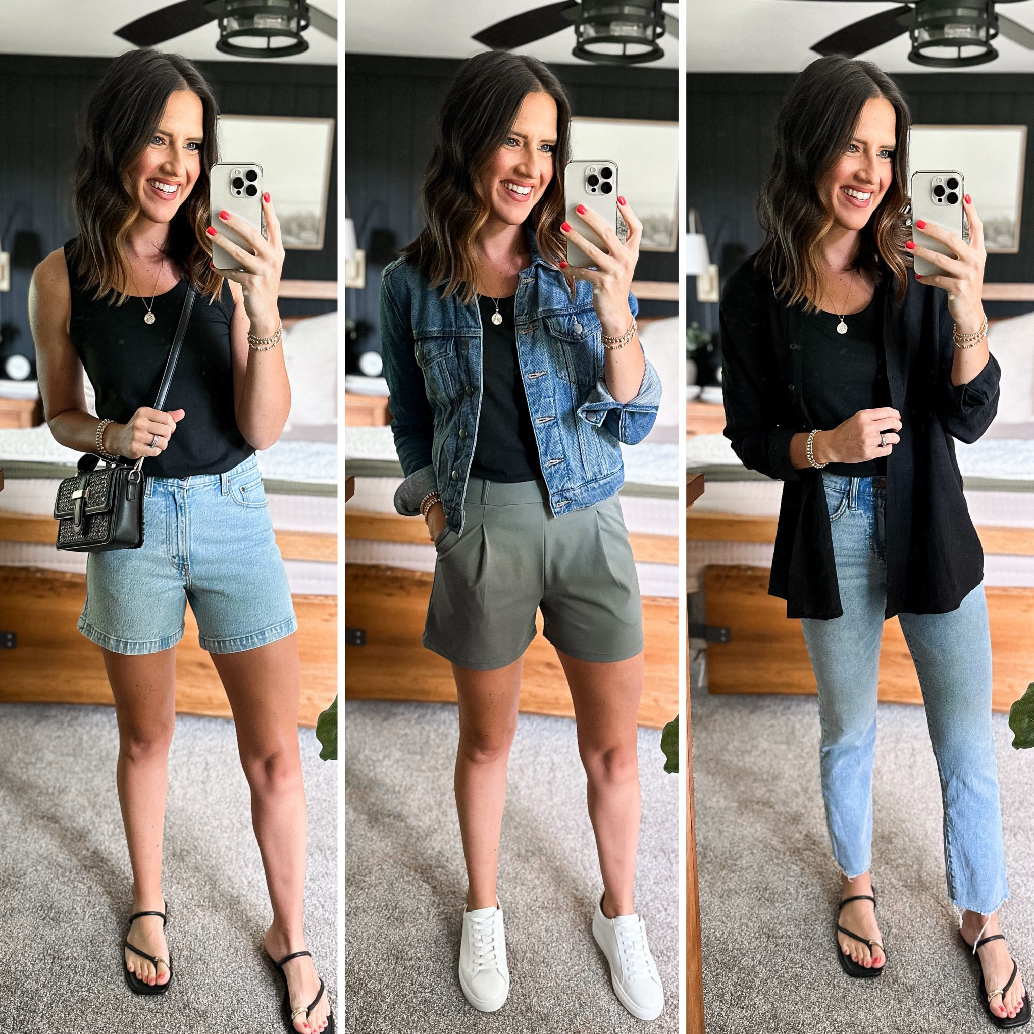 Summer Capsule Wardrobe - Black Cotton Tank 

Tank - small
Denim shorts - size 26 
Green shorts - small
Denim jacket - small 
Black button up - small (runs oversized) 
Jeans - 26 tall 


#LTKFindsUnder50 #LTKStyleTip #LTKFindsUnder100