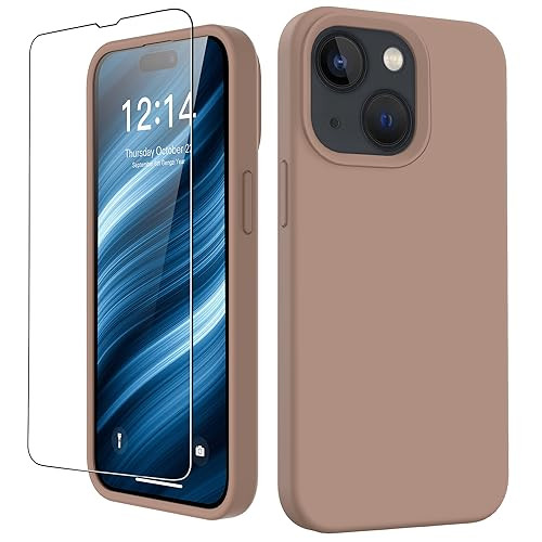 FUNMIKO Compatible with iPhone 15 Plus Case with Screen Protector,Upgraded Liquid Silky Soft Silicone,Fashionably Designed for Men Women Girls,Protective Phone Cover,Light Brown | Amazon (US)