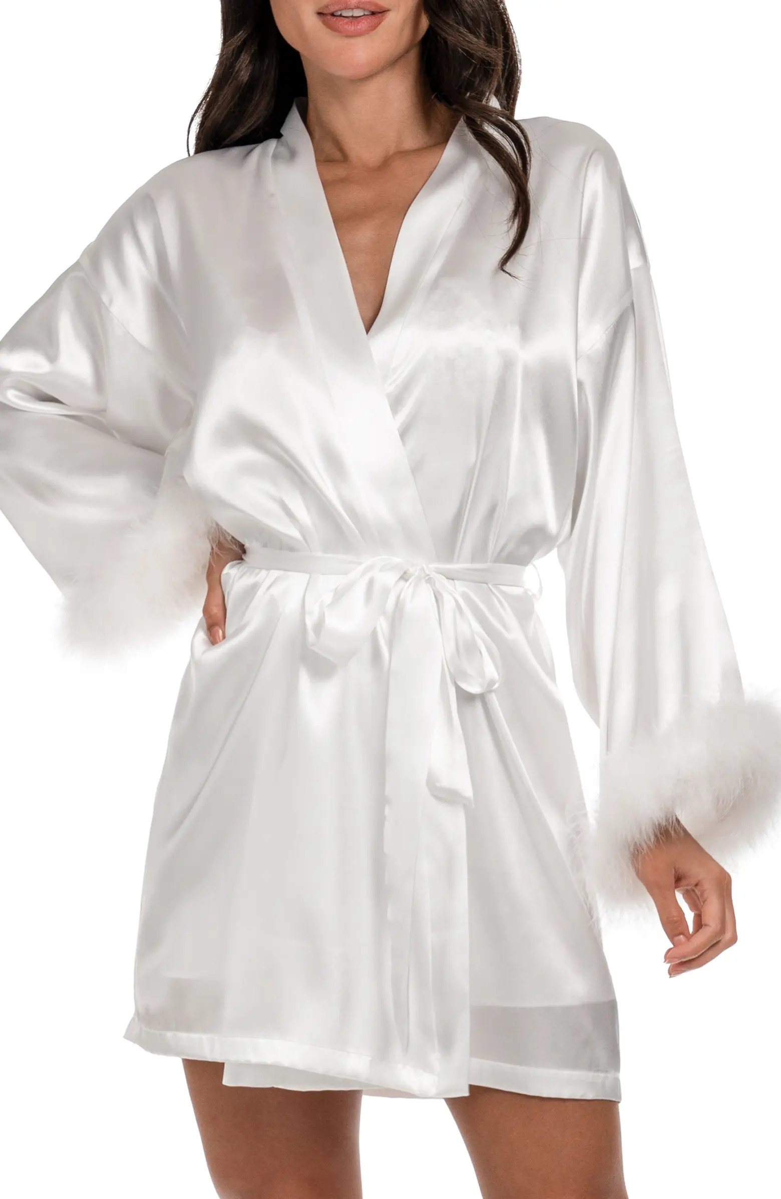 In Bloom by Jonquil Zayla Feather Trim Satin Robe | Nordstrom | Nordstrom