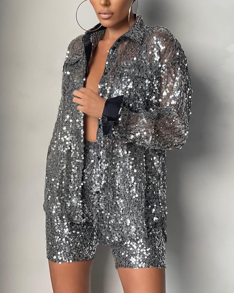 Women Sparkle Outfits Sequin Long Sleeve Blouse Shirt Top Glitter Long Loose Pants Bling Party Clubw | Amazon (US)