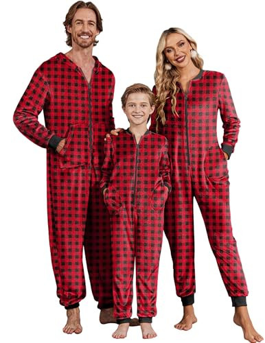 Ekouaer Christmas Onesie Matching Family Fleece Hooded One Piece Zipper Long Sleeve Pajamas with Pockets S-XXL Red Plaid 150 | Amazon (US)