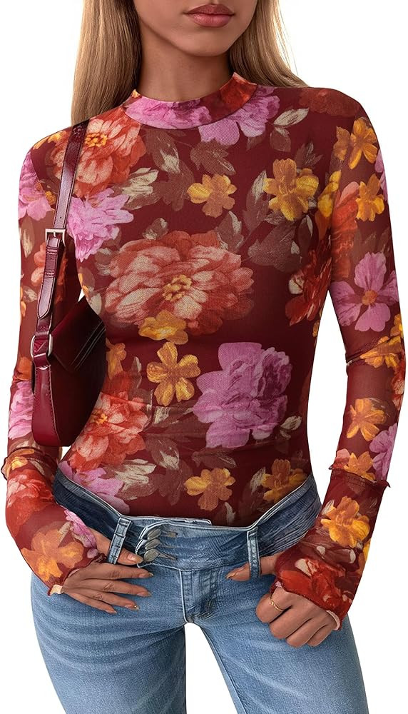 PRETTYGARDEN Womens 2025 Fall Mesh Floral Blouses Long Sleeve Going Out Tops Slim Fitted Shirts D... | Amazon (US)