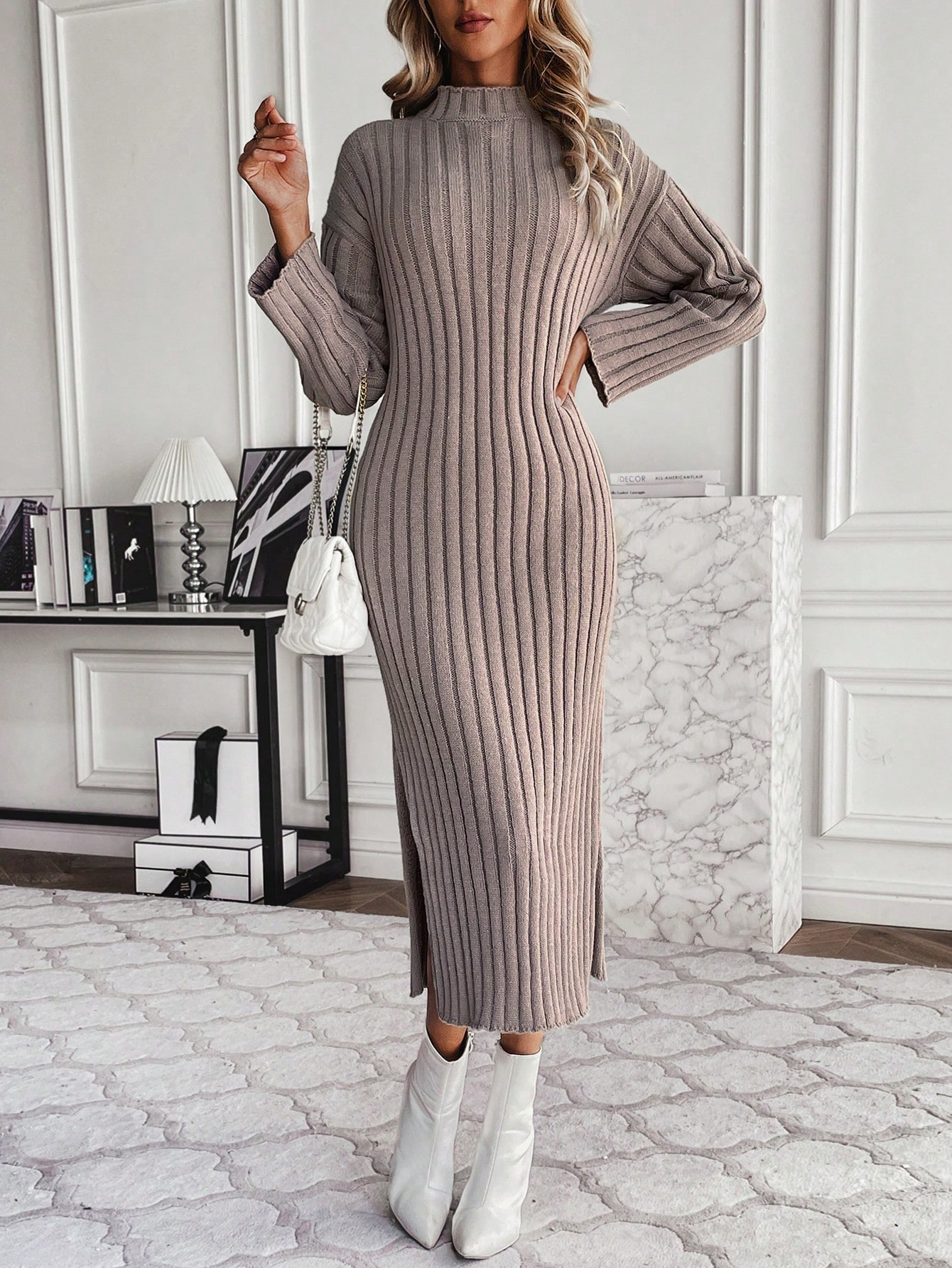 Turtleneck Drop Shoulder Split Thigh Sweater Dress Without Belt | SHEIN