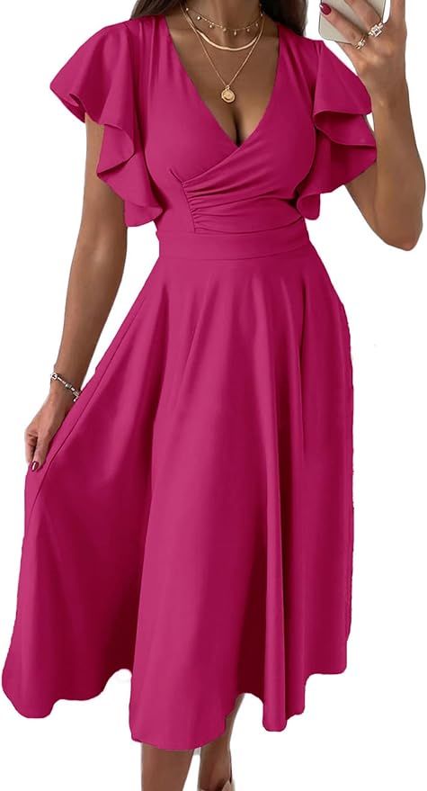PRETTYGARDEN Women's 2023 Summer Midi Dress Ruffle Cap Sleeve V Neck Swing A Line Cocktail Party ... | Amazon (US)