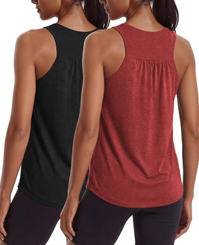 PINSPARK Womens Tank Tops Racer Back Atheltic Running Top Moisture Wicking Yoga Tanks Flowy Summer Exercise Shirts,Black/Deep Red 3XL | Amazon (US)