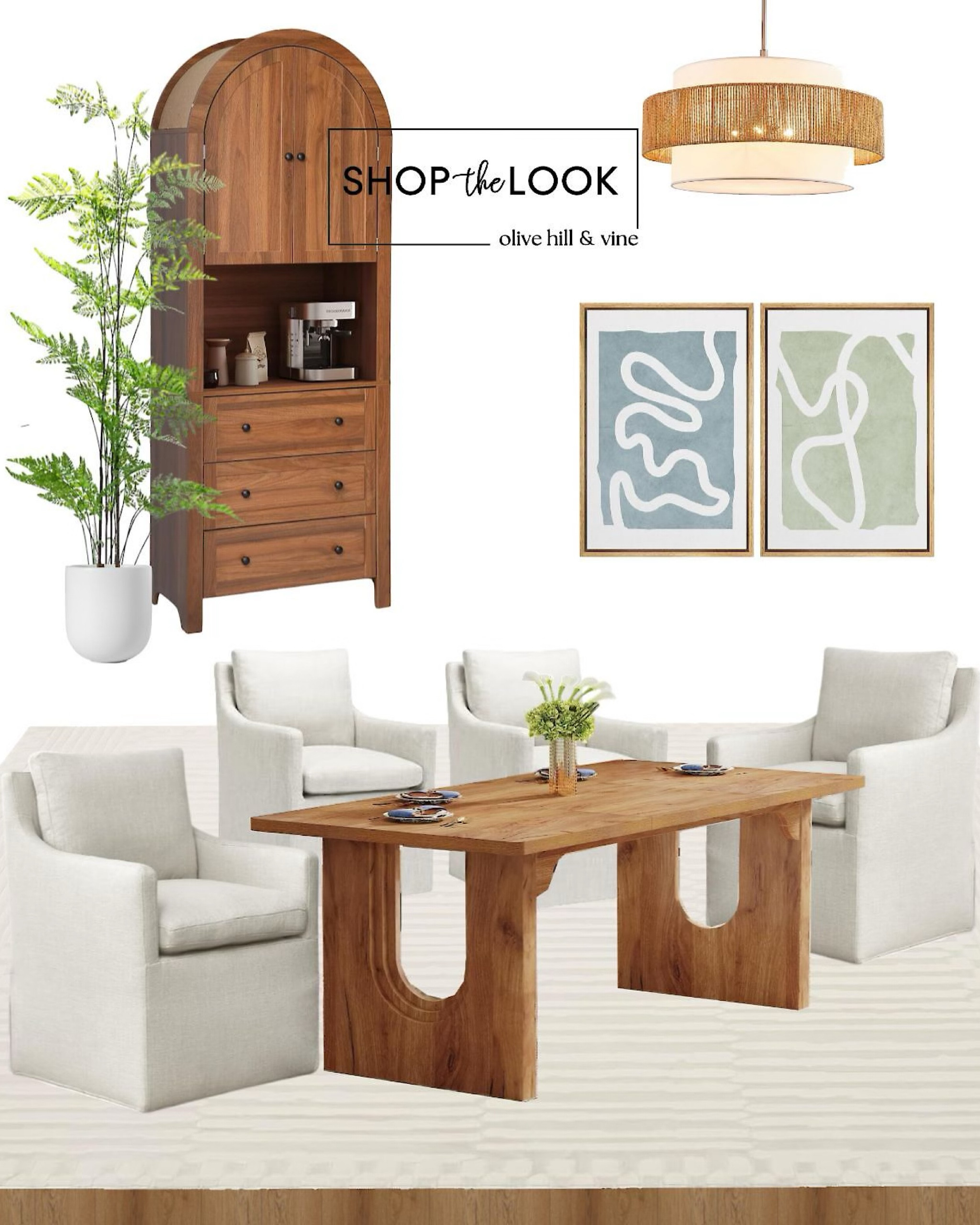 Discover the charm of a dining room designed for both elegance and functionality. Featuring rich walnut furniture, a spacious dining table with arched detailing, linen armchairs, and a washable rug, complemented by bold wall art and a faux fern in a ceramic planter. 

#LTKStyleTip #LTKFamily #LTKHome