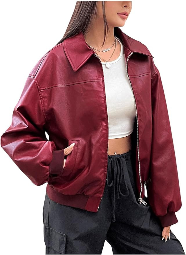 MakeMeChic Women's Casual PU Leather Zip Up Jacket Long Sleeve Collared Neck Outwear Coats | Amazon (US)