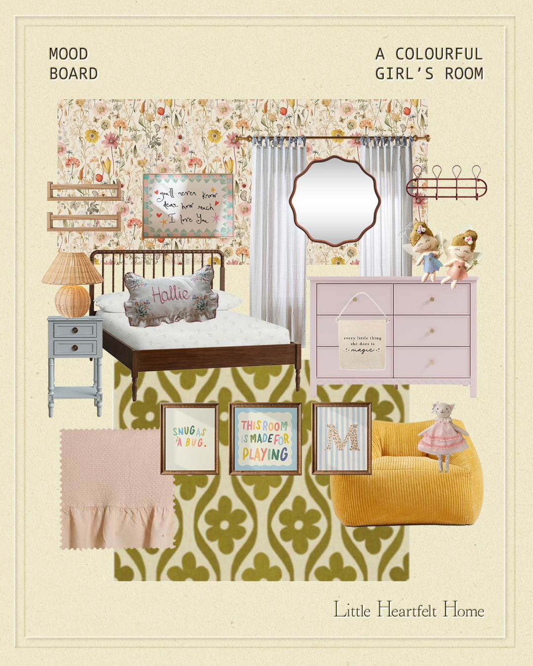 Colourful girls room moodboard. 
Blush tones, soft florals, warm gold accents and the sweetest little details layered together for a timeless yet playful space.

Everything linked here.  

 #LTKcanada #LTKhome #LTKkids