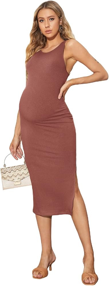 Verdusa Women's Maternity Sleeveless Round Neck Split Long Tank Dress | Amazon (US)