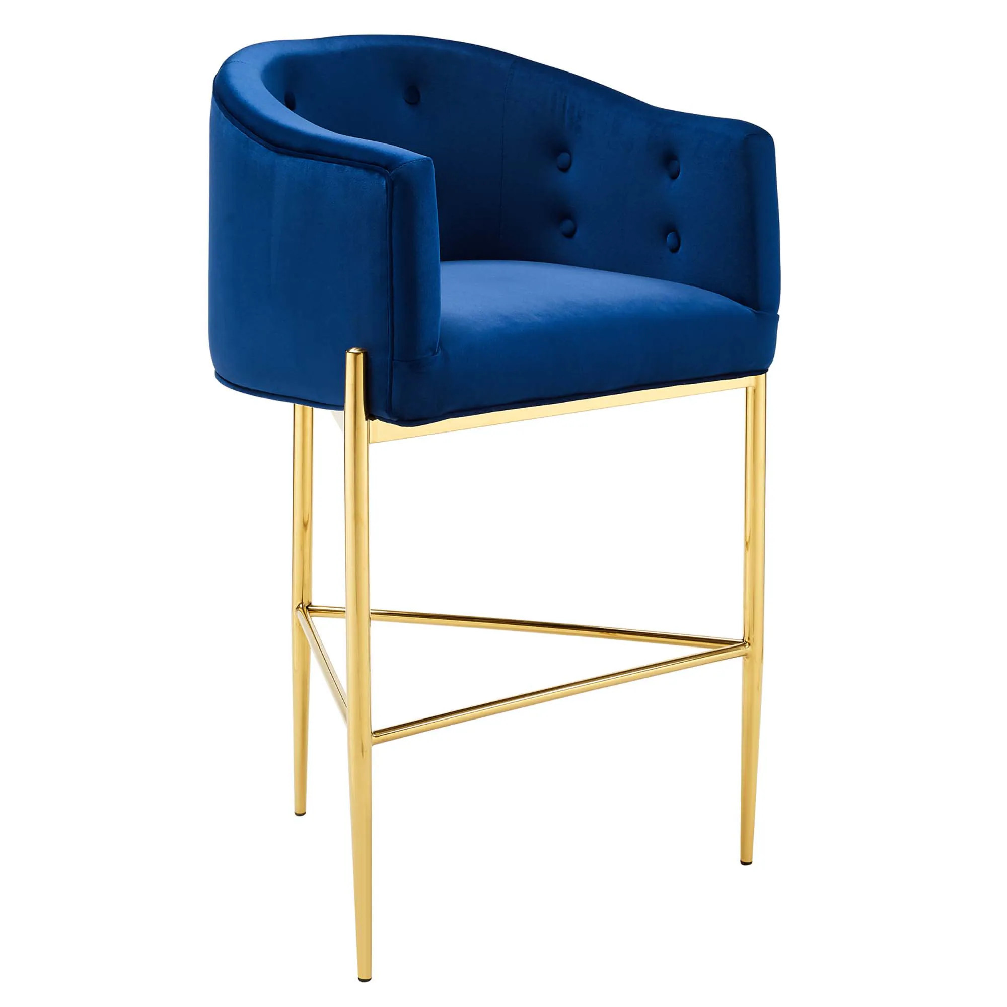 Navy blue tufted performance velvet bar stool with gold legs