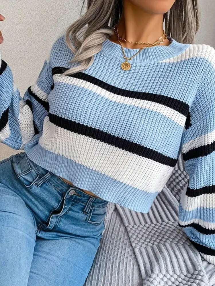 Striped Crew Neck Casual Crop Long Sleeve Sweater,Long Sleeve Tops | SHEIN