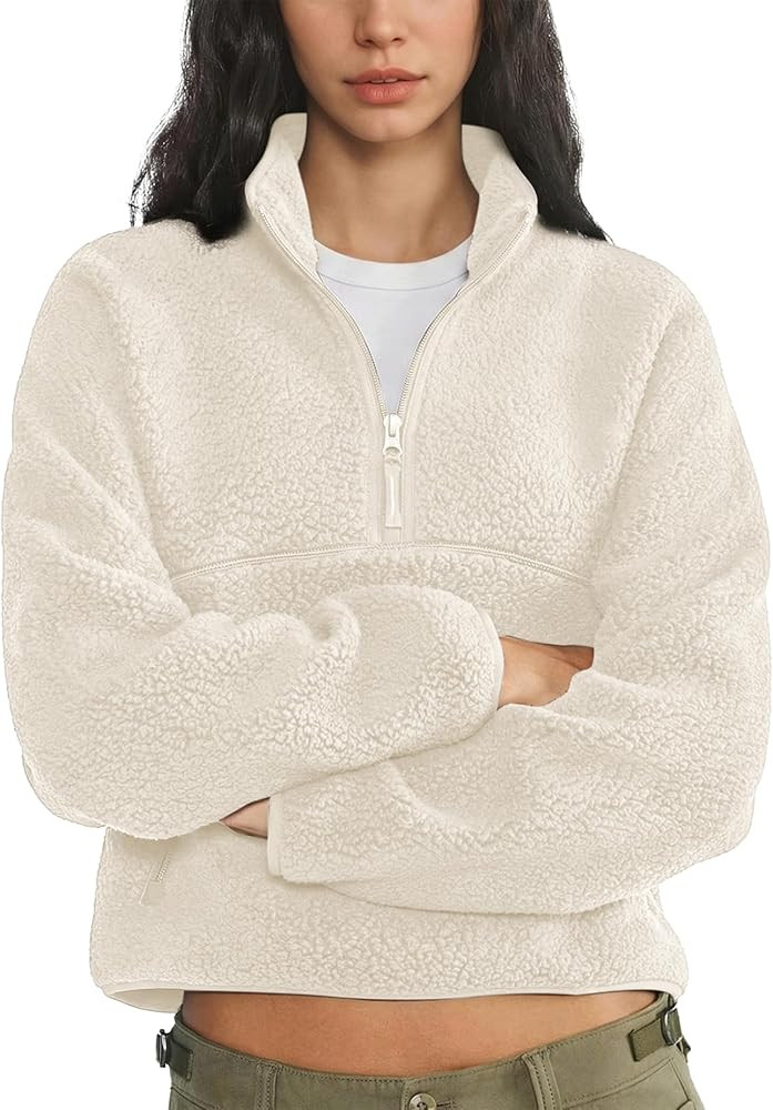 Fleece Sweatshirts for Women Cropped Long Sleeve Half Zip Pullover Sherpa Jacket Warm Fuzzy Coats... | Amazon (US)